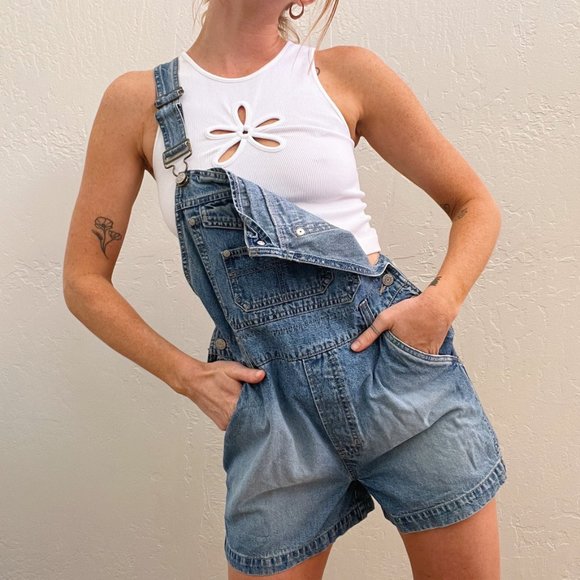 Vintage 90s/Y2K No Boundaries Blue Denim Overall Shorts - Picture 3 of 7